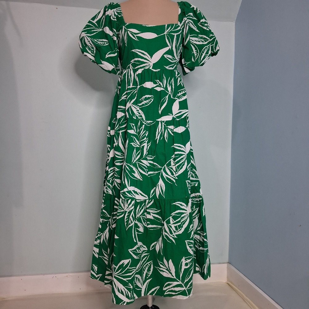 Meadow Rhode Green White‎ Tropical Leaf Puff Sleeve Tiered Maxi Dress Small
